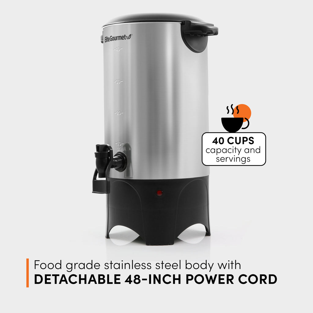 Food grade stainless steel body with DETACHABLE 48-INCH POWER CORD. 40 CUPS capacity and servings.