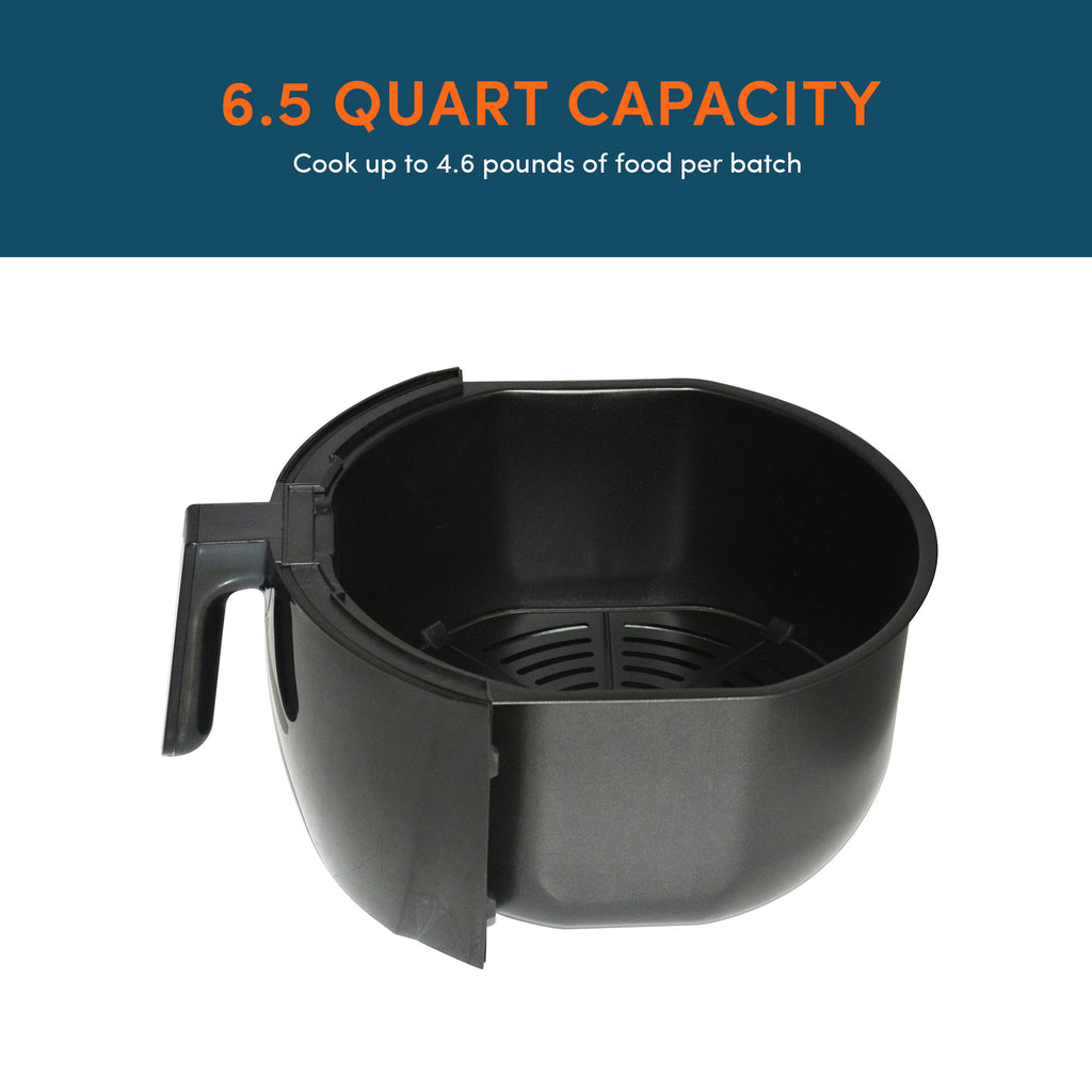 Fryer Basket. 6.5 Quart capacity.  Cook up to 4.6 pounds of food per batch.