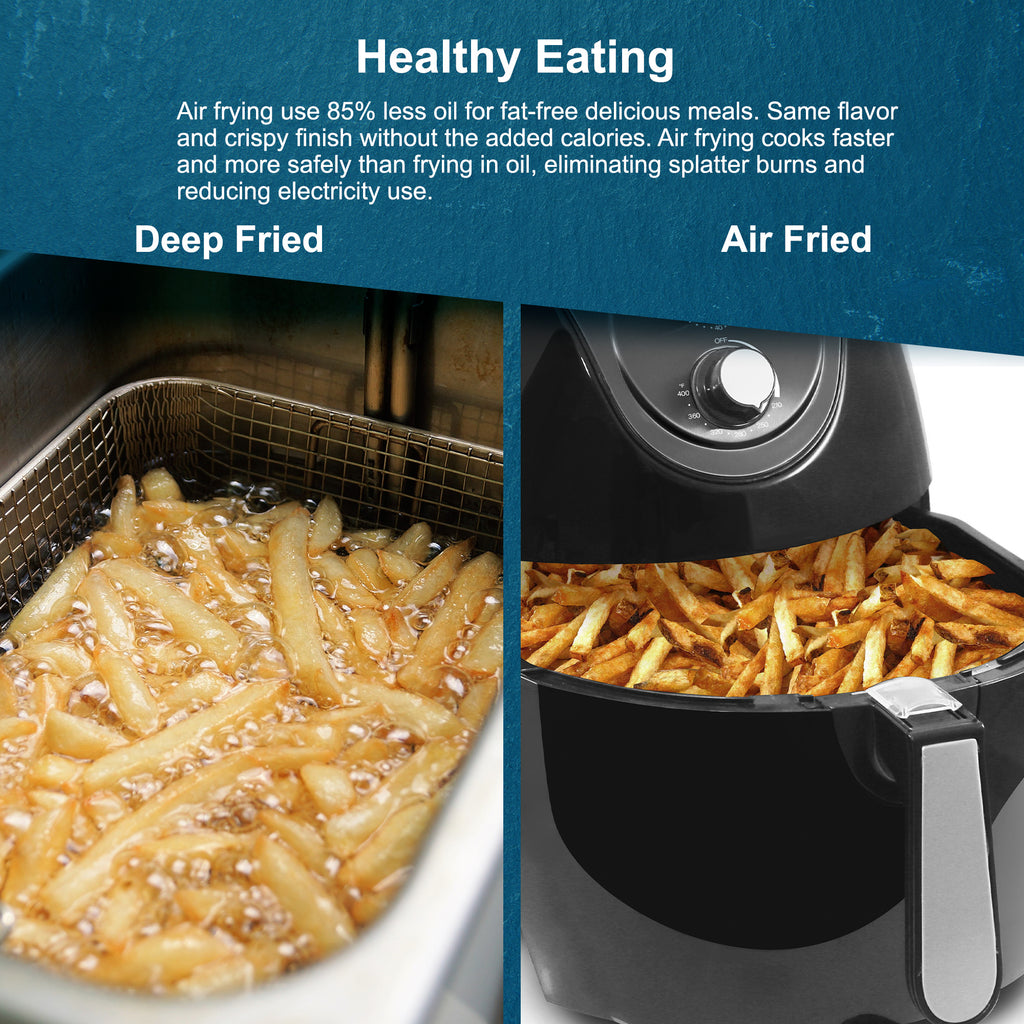 Healthy Eating. Air fryer use 85% less oil for fat-free delicious meals. Same flavor and crispy finish without the added calories. Air frying cooks faster and more safely than frying in oil, eliminating splatter, burns and reducing electricity use. Deep Fried VS Air Fried.