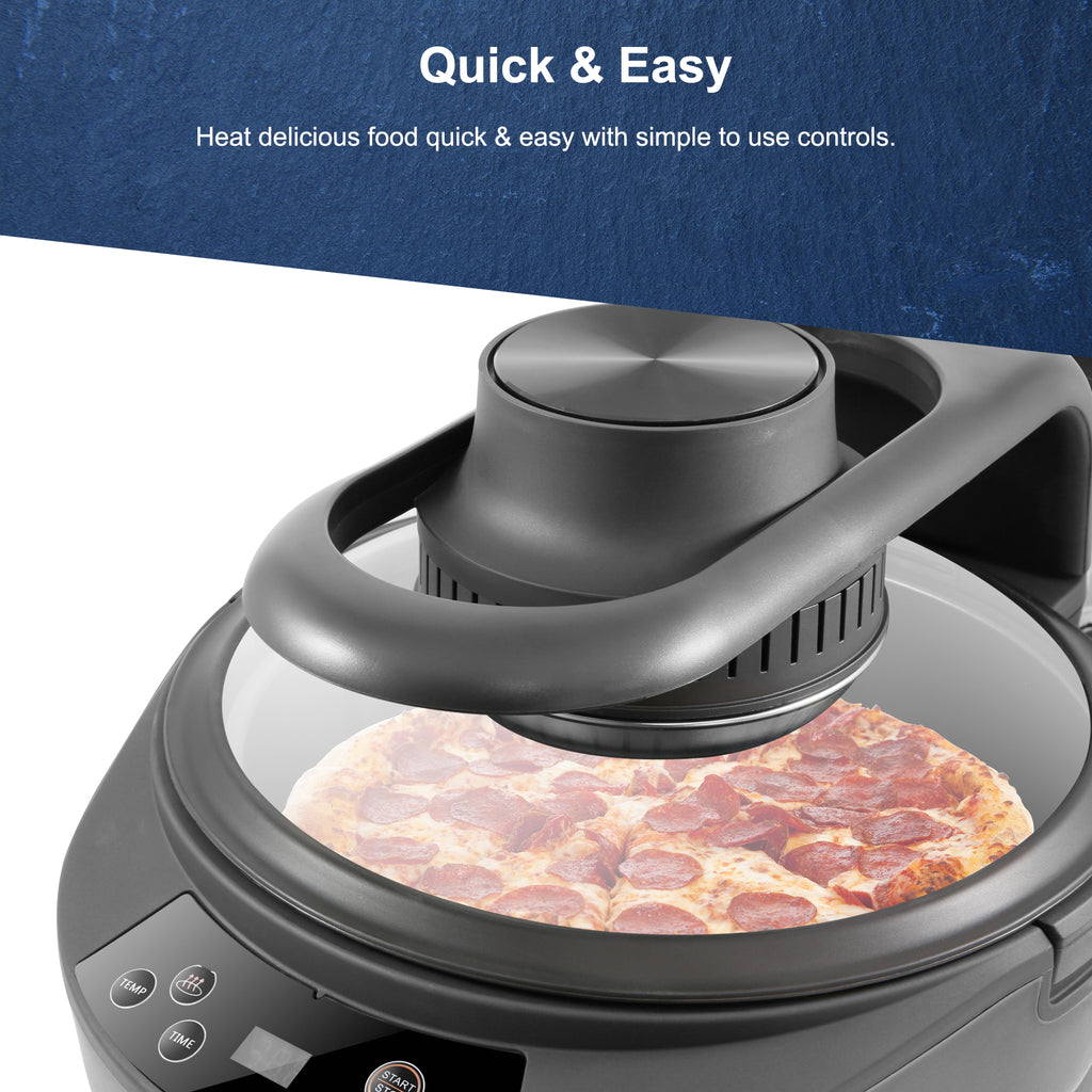Quick & Easy. Heat delicious food quick & easy with simple to use controls. Image showing 5Qt Rapid Air Fryer & Multi-cooker with pizza.