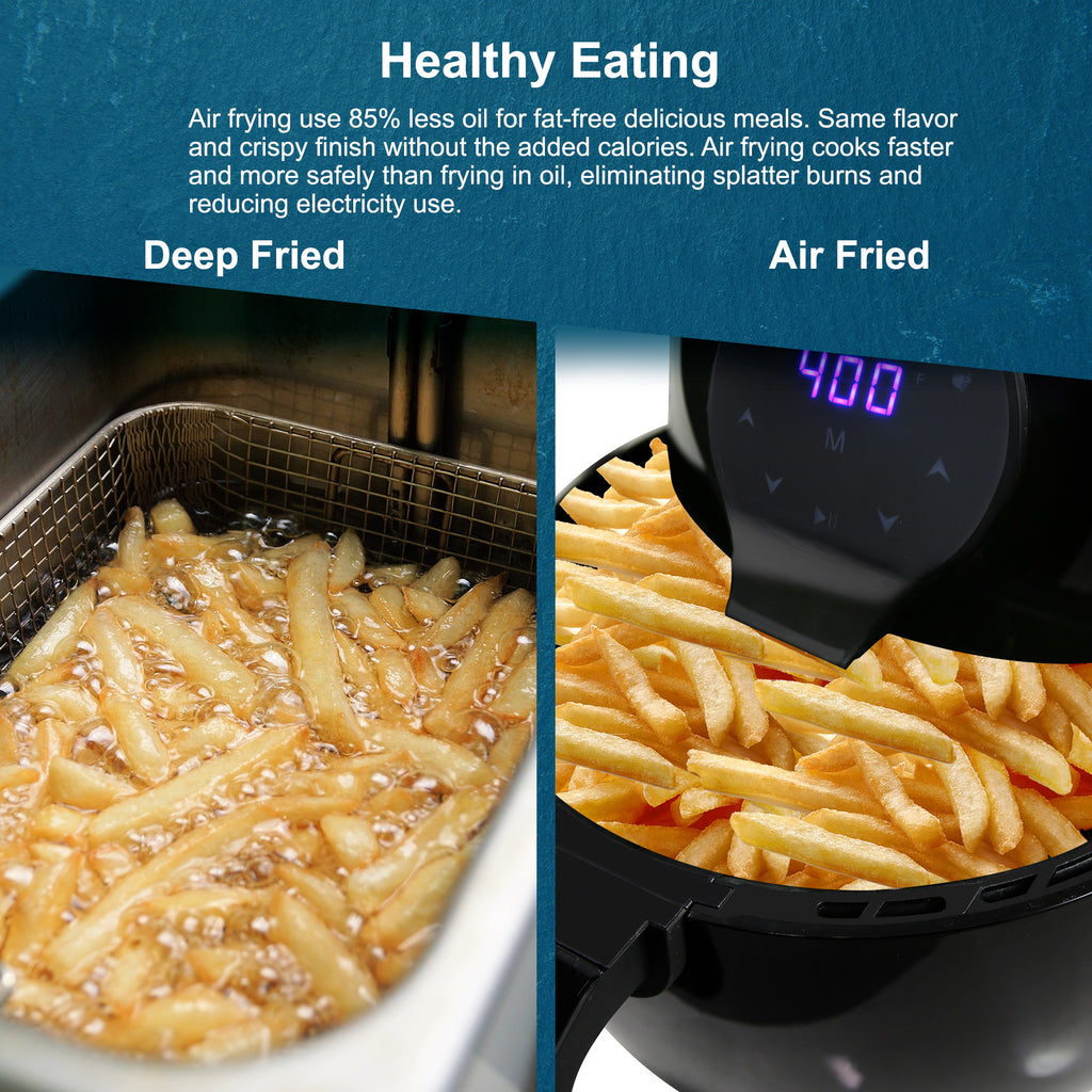 Healthy Eating.  Air fryer use 85% less oil for fat-free delicious meals.  Same flavor and crispy finish without the added calories.  Air frying cooks faster and more safely than frying in oil, eliminating splatter, burns and reducing electricity use.  Deep Fried VS Air Fried.