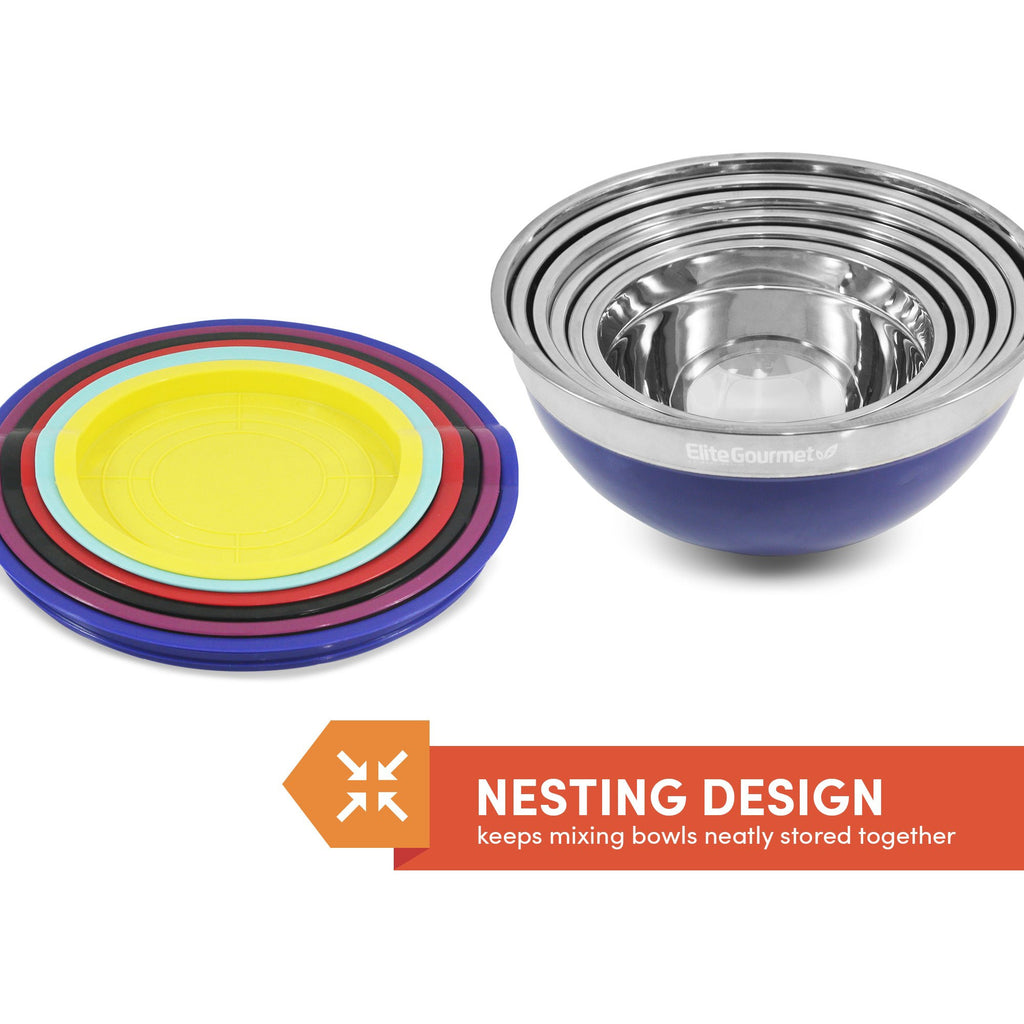 NESTING DESIGN keeps mixing bowls neatly stored together. Elite Gourmet stainless steel mixing bowls are stacked
