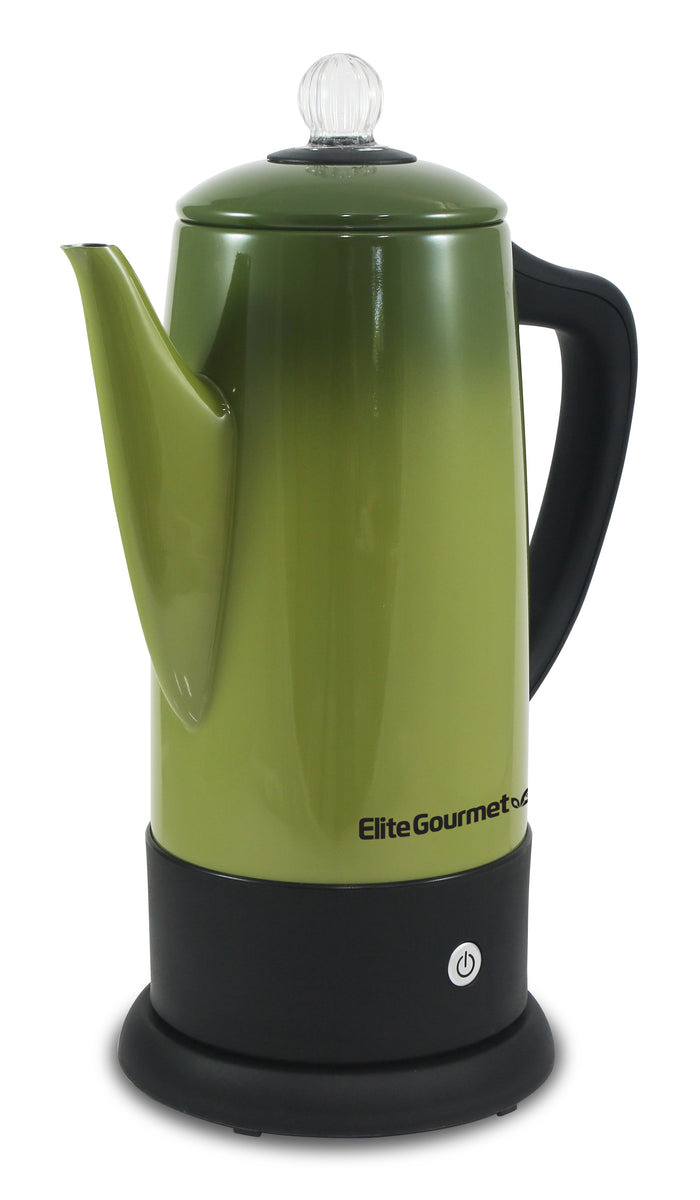 elite gourmet ec812g vintage 50s electric coffee percolator clear brew  progress knob cool-touch handle cord-less serve, 12-cup, retro green 