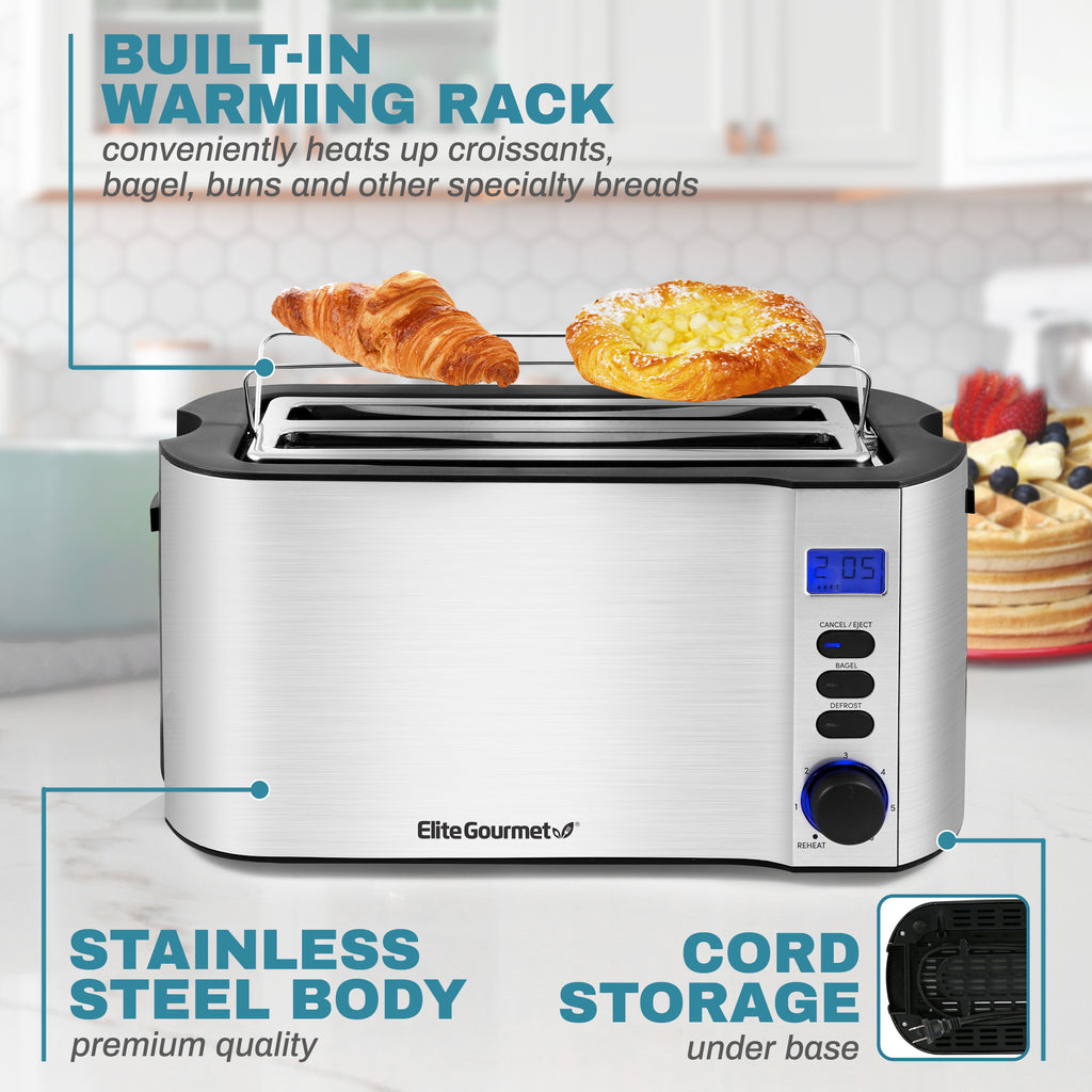 BUILT-IN WARMING RACK conveniently heats up croissants, bagel, buns and other specialty breads. STAINLESS STEEL BODY premium quality. CORD STORAGE under base.
