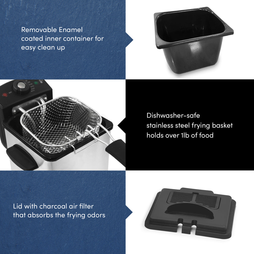 Removable Enamel coated inner container for easy clean up. Dishwasher-safe stainless steel frying basket holds over 1 lb of food. Lid with charcoal air filter that absorbs the frying odors.