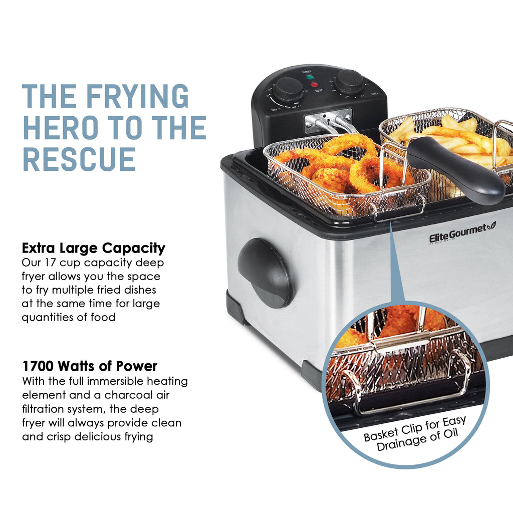 THE FRYING HERO TO THE RESCUE Extra Large Capacity Our 17 cup capacity deep fryer allows you the space to fry multiple fried dishes at the same time for large quantities of food 1700 Watts of Power With the full immersible heating element and a charcoal air filtration system, the deep fryer will always provide clean and crisp delicious frying.