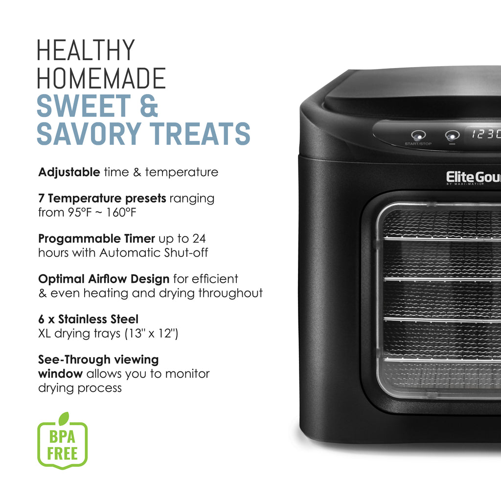 Healthy Homemade Sweet & Savory Treats.  Adjustable time and temperature.  7 Temperature presets ranging from 95F ~ 160F.  Programmable timer up to 24 hours with automatic shut-off.  Optimal Airflow design for efficient & even heating and drying throughout.  6 x Stainless Steel XL Drying trays (13" x 12").  See-through viewing window allows you to monitor drying process.  BPA Free.