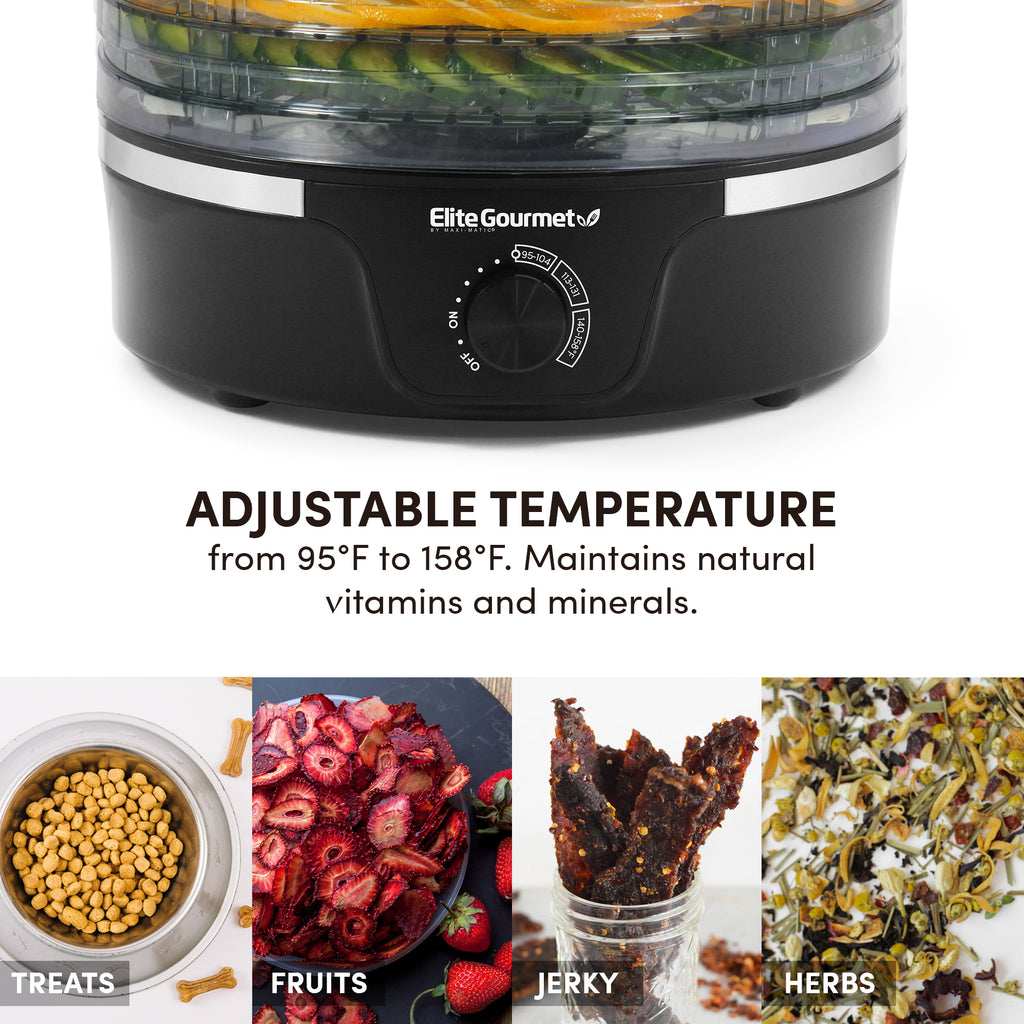 ADJUSTABLE TEMPERATURE from 95°F to 158°F. Maintains natural vitamins and minerals. TREATS, FRUITS, JERKY, HERBS.