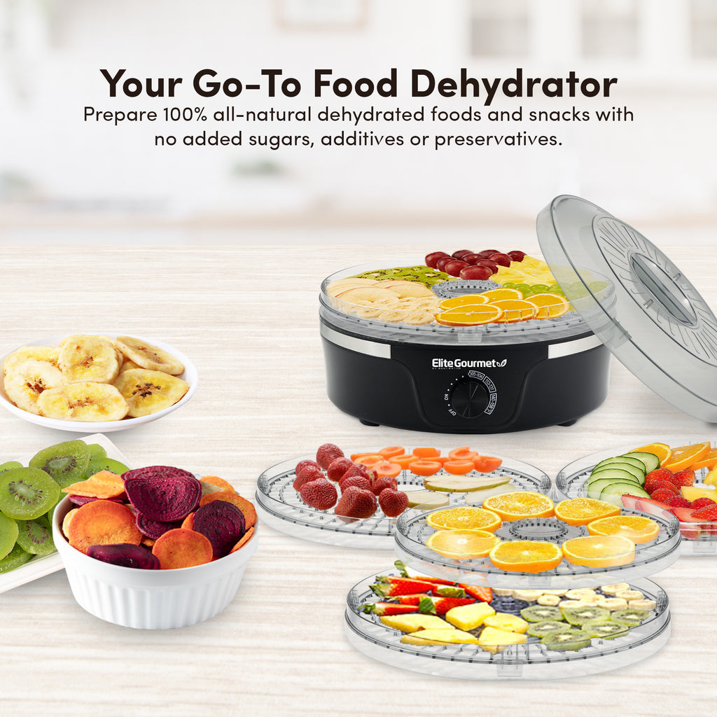 Your Go-To Food Dehydrator Prepare 100% all-natural dehydrated foods and snacks with no added sugars, additives or preservatives. Image showing food dehydrator trays with sliced fresh fruits.