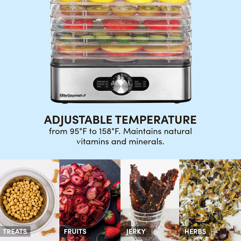 ADJUSTABLE TEMPERATURE from 95°F to 158°F. Maintains natural vitamins and minerals. TREATS, FRUITS, JERKY, HERBS.