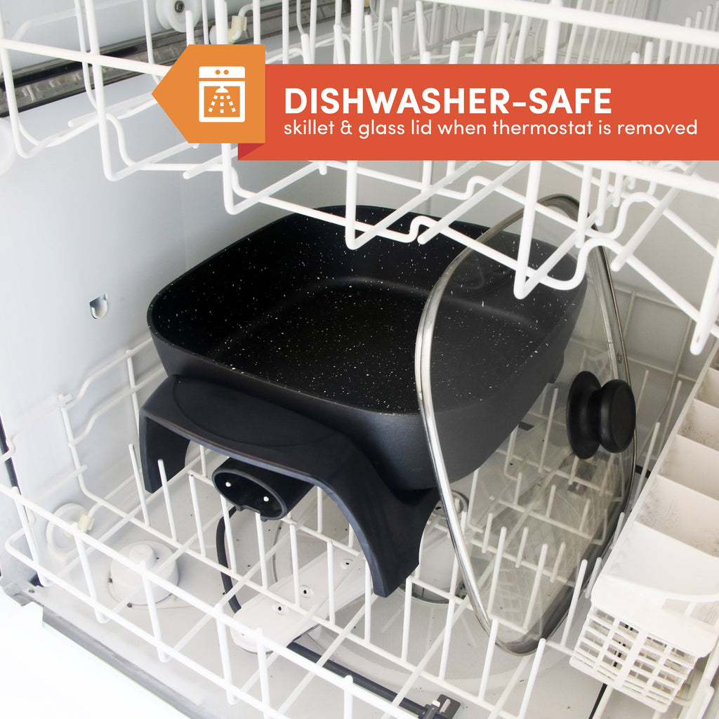 DISHWASHER-SAFE skillet & glass lid when thermostat is removed. Elite Gourmet Nonstick Electric Skillet inside of the dishwasher.