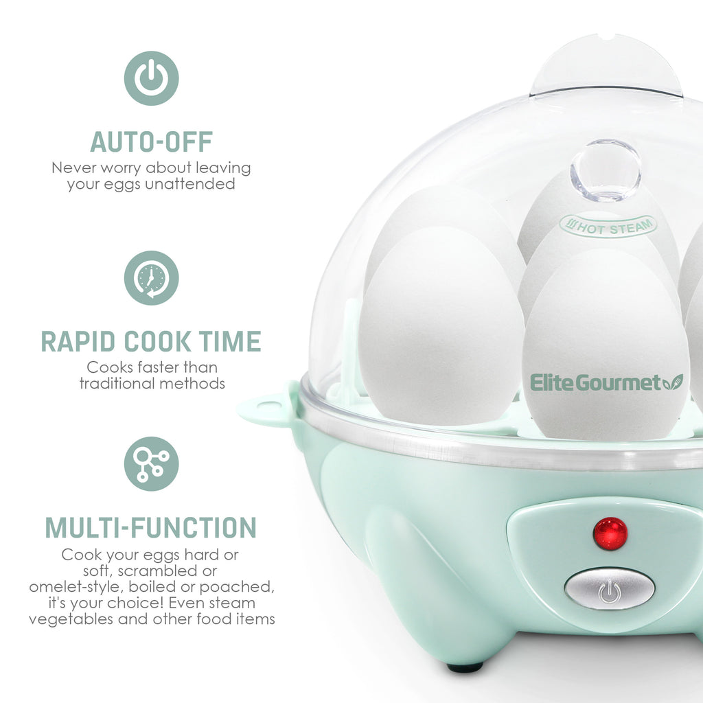 Auto-Off. Never worry about leaving your eggs unattended. Rapid Cooke Time. Cooks faster than traditional methods. Multi-Function, cooks your eggs hard or soft, scrambled or omelet-style. Boiled of poached, it's your choice! Even steam vegetables and other foods.