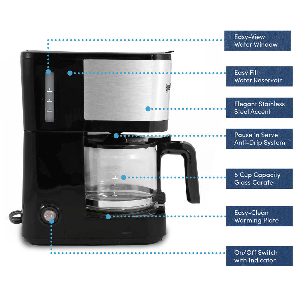 Image showing parts of 5-Cup Automatic Brew & Drip Coffee Maker. Easy-View Water Window, Easy Fill Water Reservoir, Elegant Stainless Steel Accent, Pause 'n Serve Anti-Drip System, 5 Cup Capacity Glass Carafe, Easy-Clean Warming Plate, On/Off Switch with Indicator.