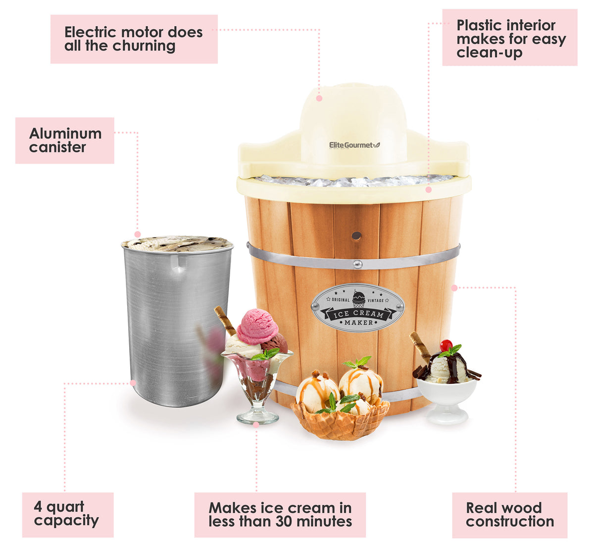 4Qt. Old-Fashioned Ice Cream Maker [EIM-924L] – Shop Elite Gourmet - Small  Kitchen Appliances
