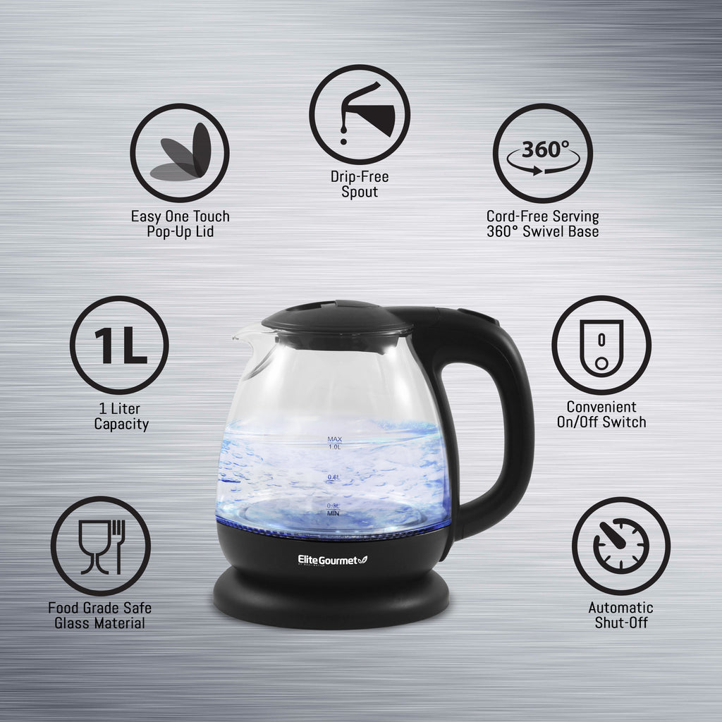 Showing Elite Gourmet kettle surrounded by icons. Food Grade Safe Glass Material, 1 Liter Capacity, Easy One Touch Pop-Up Lid, Drip-Free Spout, Cord-Free Serving 360° Swivel Base, Convenient On/Off Switch, Automatic Shut-Off.