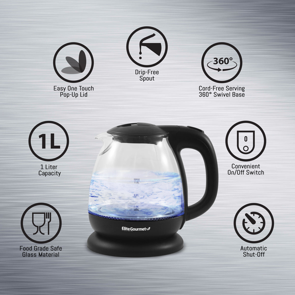 1L Electric BPA-Free Glass Kettle, Cordless 360°, Blue LED , Auto Shut-Off