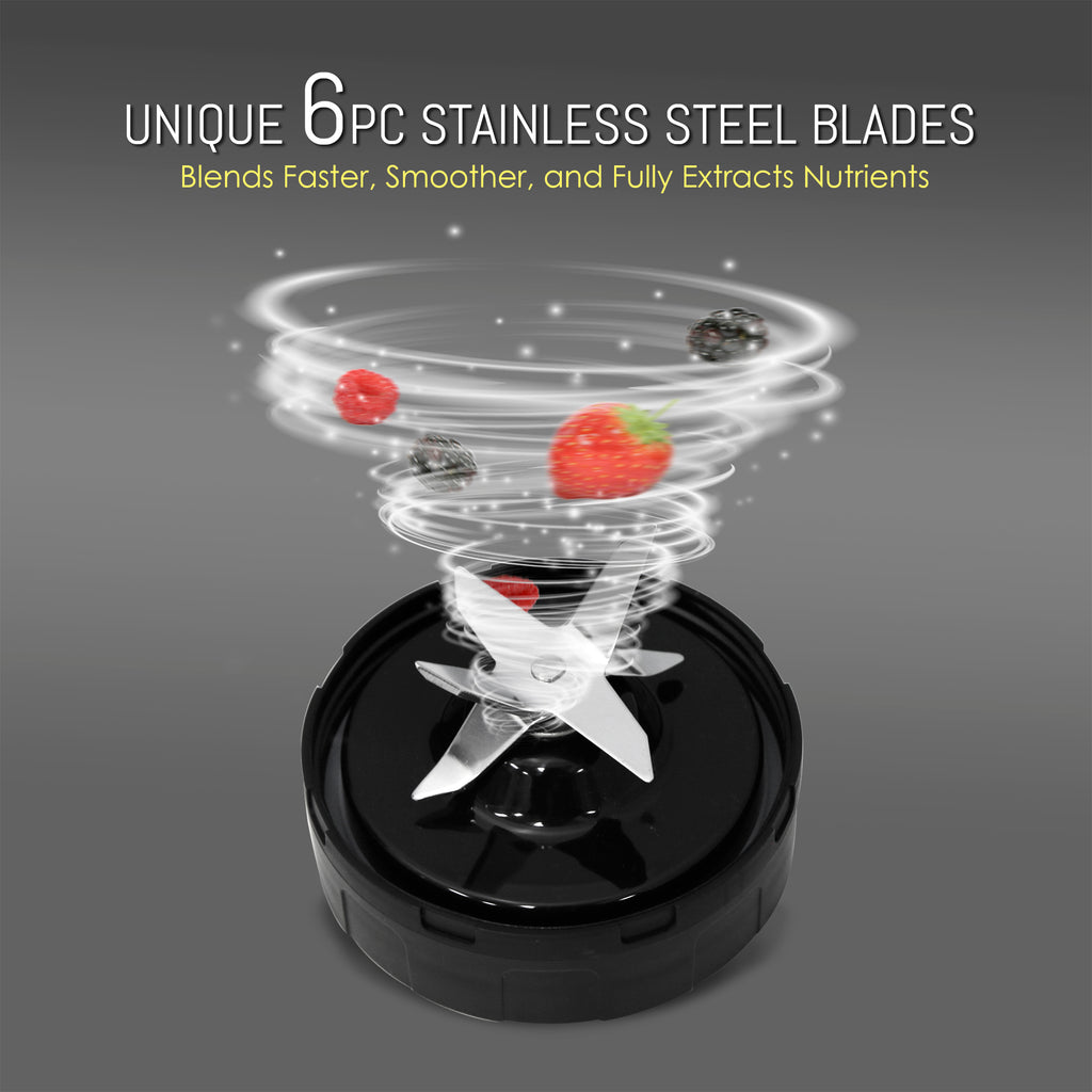 Unique 6pc Stainless Steel Blades.  Blends faster, smoother and fully extracts nutrients.  3D action of blades blending.