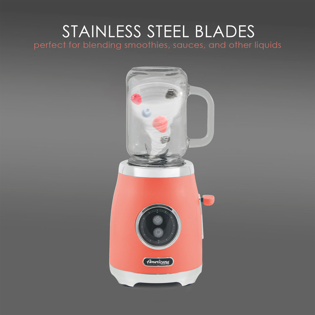 STAINLESS STEEL BALDES perfect for blending smoothies, sauces and other liquids. Retro Mason Jar Personal Blender.