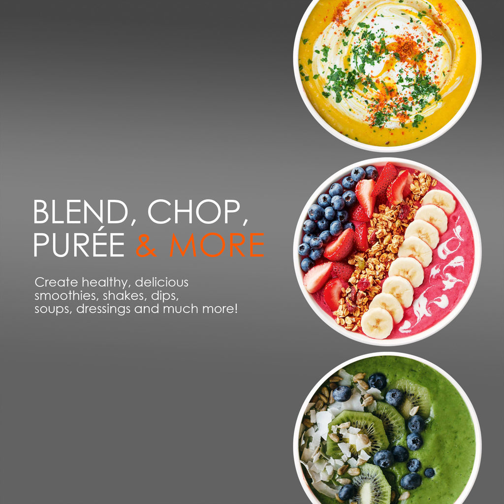 BLEND, CHOP, PURÉE MORE Create healthy, delicious smoothies, shakes, dips, soups, dressings and much more. Showing dips and slices of fruits.