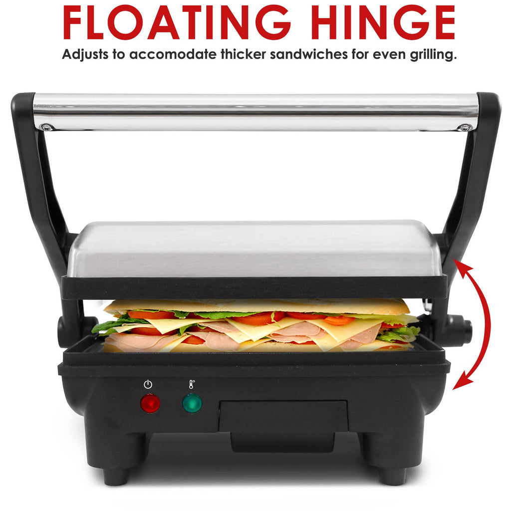 Floating Hinge adjusts to accommodate thicker sandwiches for even grilling.