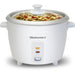 6-Cup Rice Cooker with cooked rice inside pot.