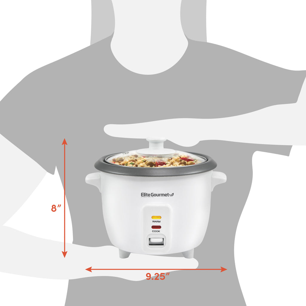 Dimensions of rice cooker.  8" height, 9.25" diameter.