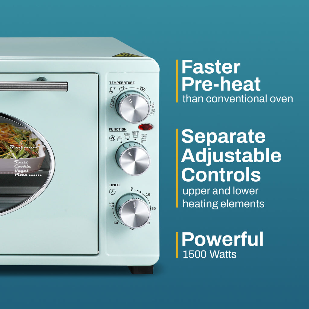 Faster Pre-Heat than conventional oven.  Separate Adjustable Controls upper and lower heating elements.  Powerful 1500 Watts.