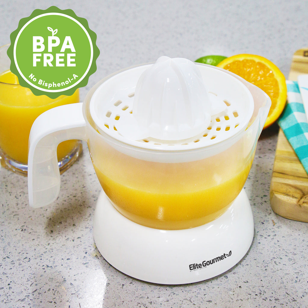 BPA-Free No Bisphenol-A. Elite Gourmet Electric Citrus Orange Juicer on  white marble floor.