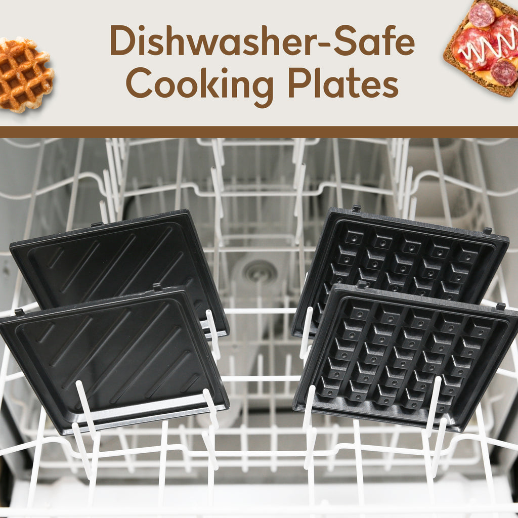 Dishwasher-Safe Cooking Plates. Image showing cooking plates in dishwasher machine.