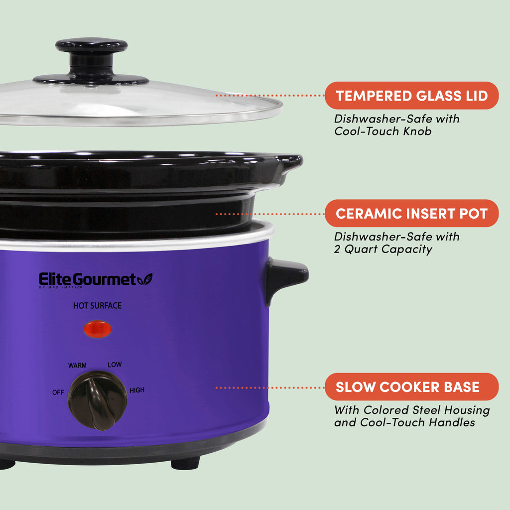 TEMPERED GLASS LID With Cool-Touch Knob. STONEWARE POT Removable 2 Qt. Dishwaher-safe stoneware insert pot for easy cleaning. SLOW COOKER BASE with temperature control knob and cool-touch handles. Showing Elite Gourmet Electric Slow Cooker parts.