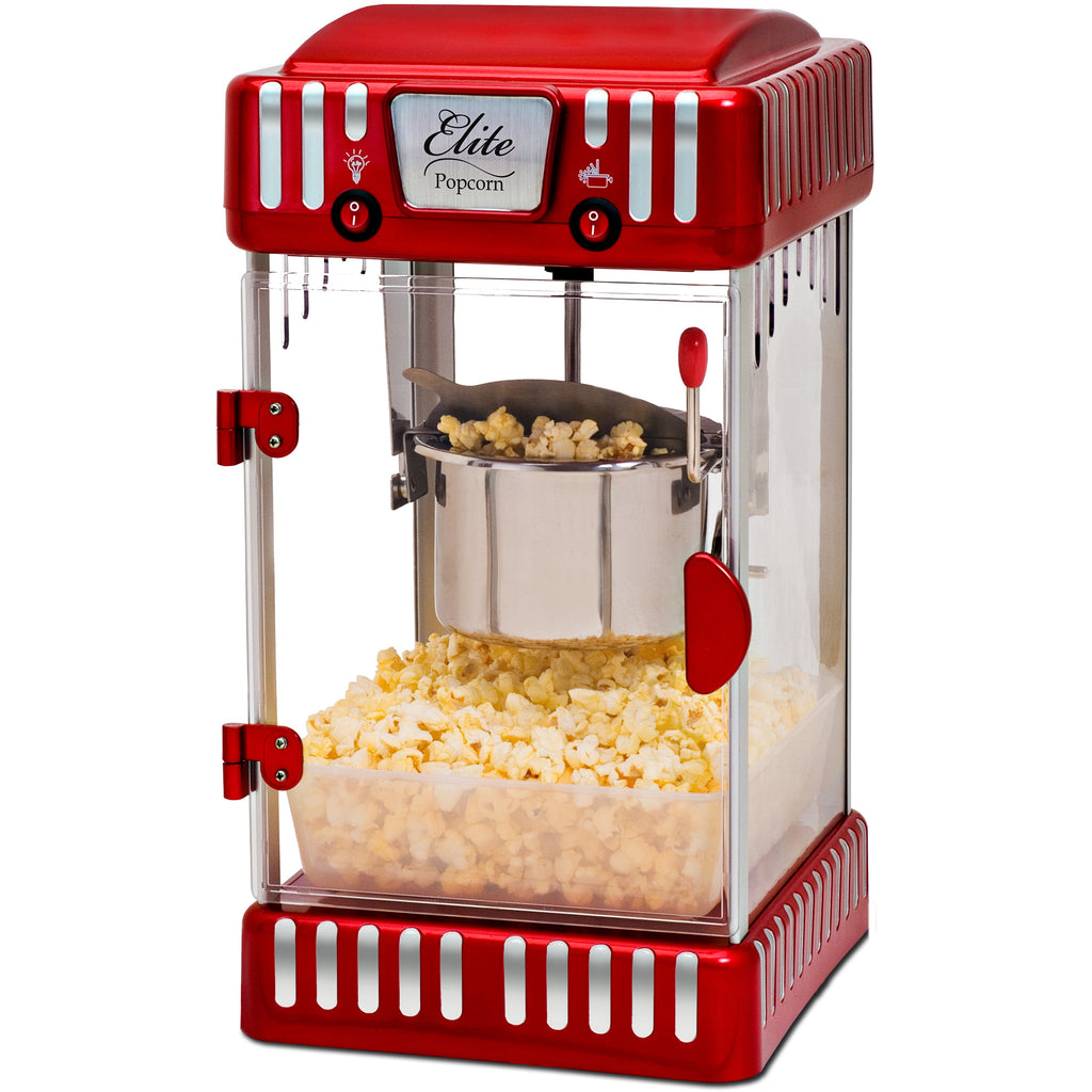 2.5 oz classic carnival tabletop kettle popcorn popper machine, retro style.