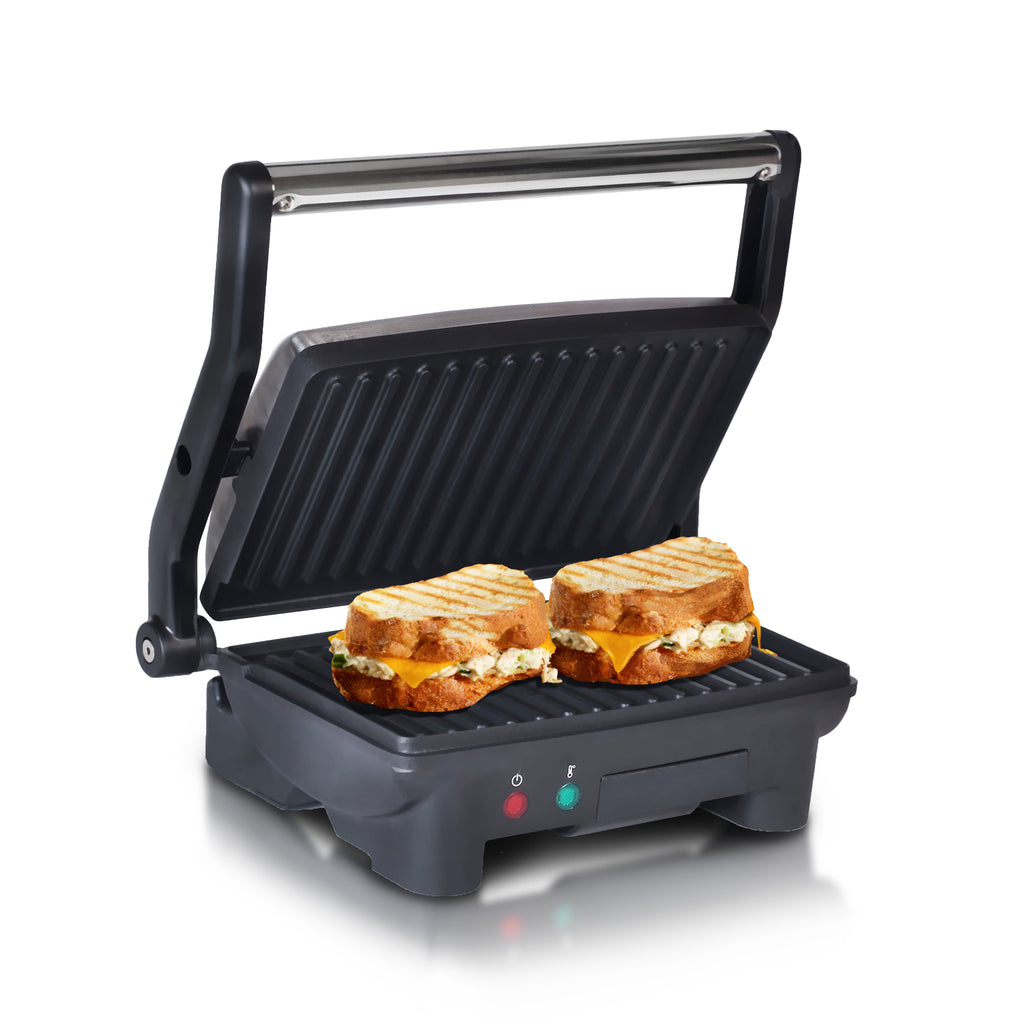 Nonstick Electric Panini Grill. Open position and toasting panini sandwiches.