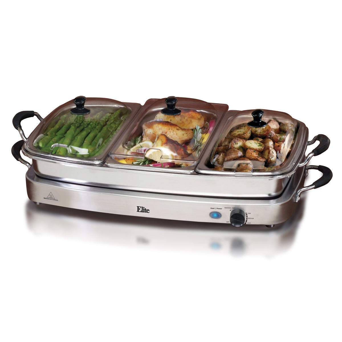 Elite Gourmet EWM-9933 Triple 3 x 2.5 Quart Trays Buffet Server 7.5 Qt Oven  Safe Pan Food Warmer, Temperature Control, Clear Slotted Lids, Perfect for