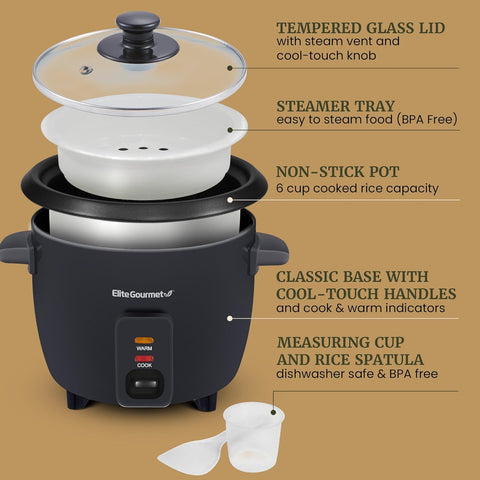 6-Cup Rice Cooker with Steam Tray and Non-Stick Inner Pot