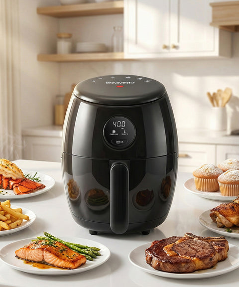 Black air fryer on a kitchen counter with plates of food