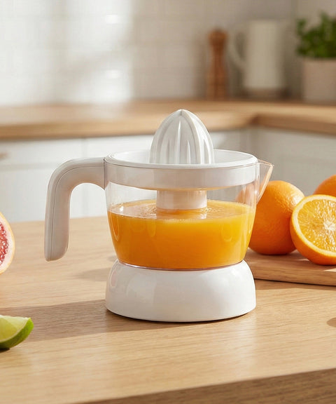 Manual juicer with orange juice on a kitchen counter