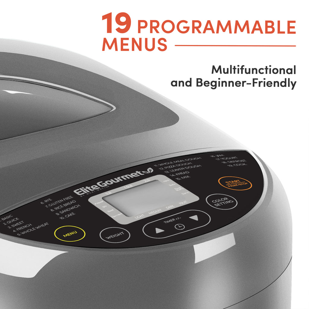 2 Lb Programmable Bread Maker Machine, 3 Loaf Sizes, 19 Menu Functions, Grey