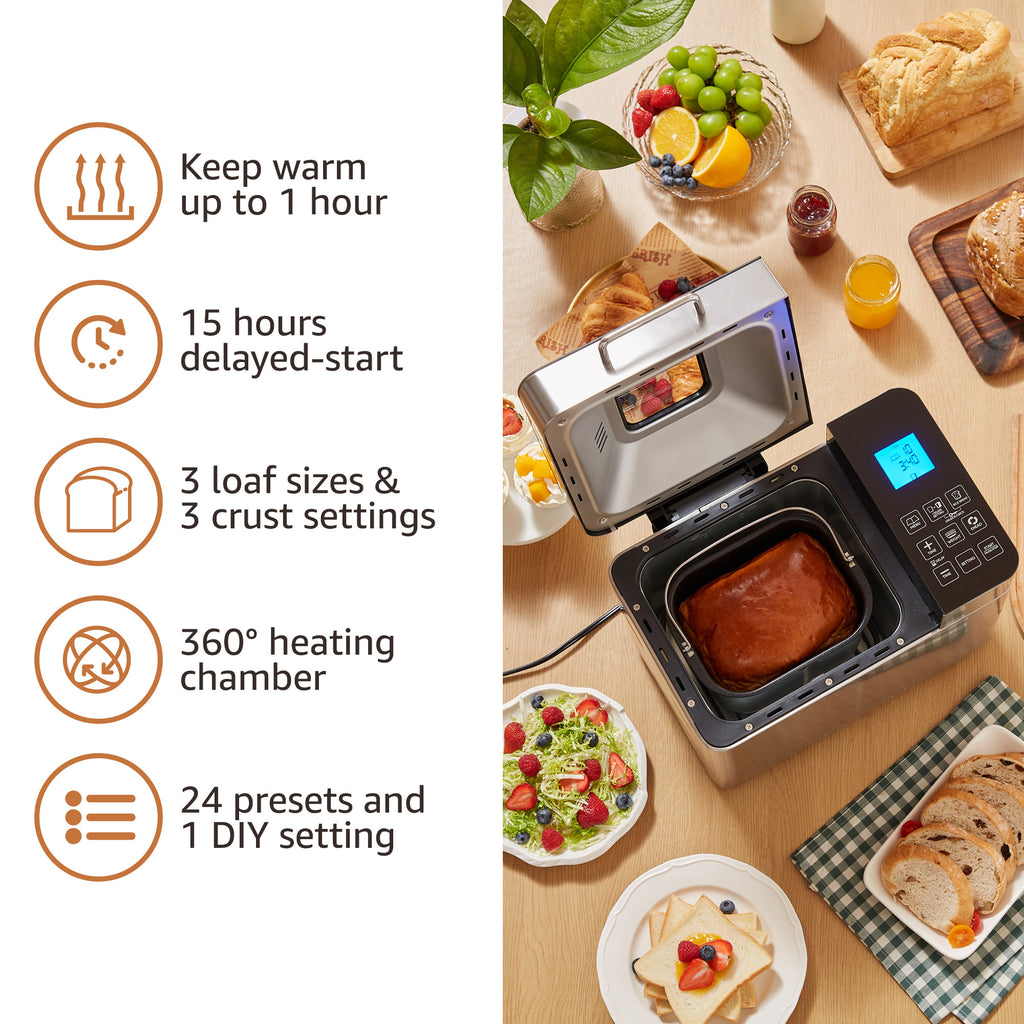 2 Lb Programmable Bread Maker Machine, 3 Loaf Sizes, 19 Menu Functions, Stainless Steel