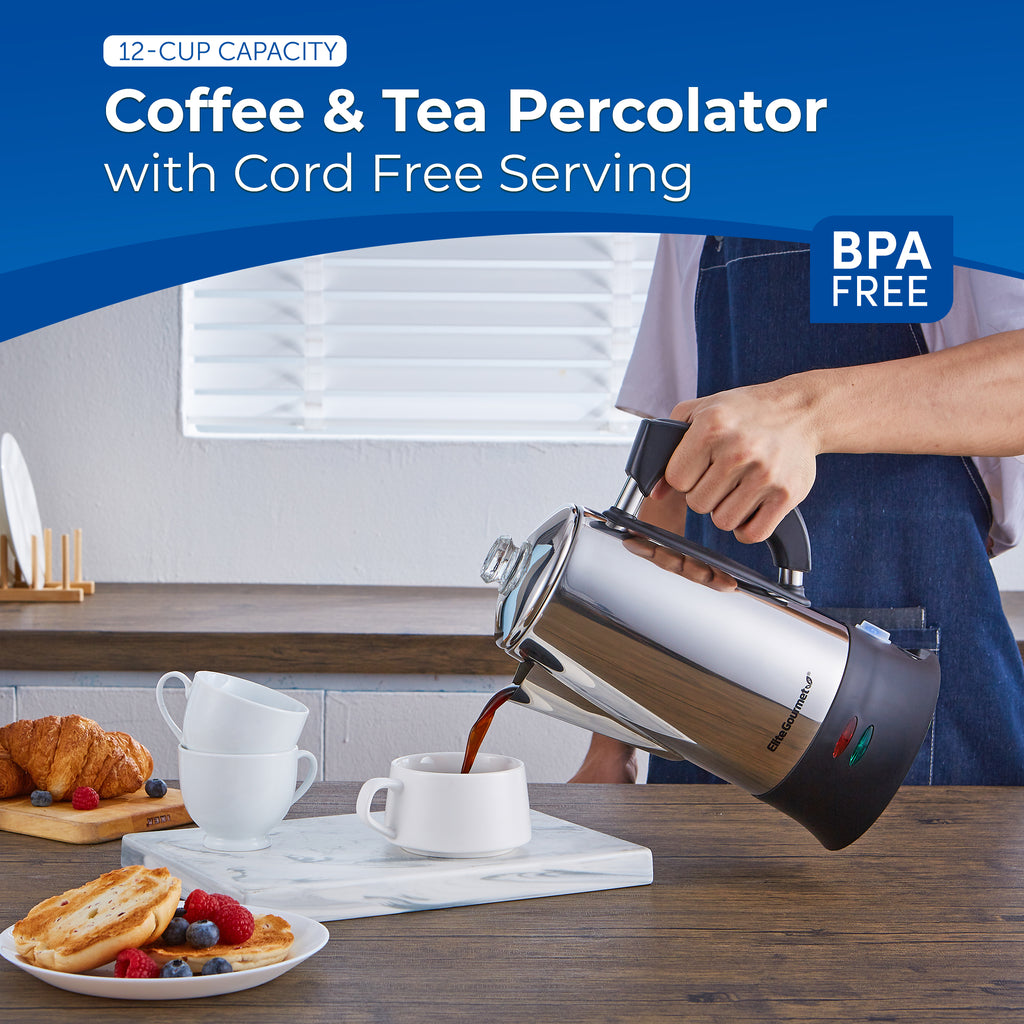 12-Cup Capacity.  Coffee & Tea Percolator with cord free serving.  BPA Free.