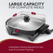 Large Capacity for Complete Meals.  Imbedded Heating Element for fast, even & consistent heating.  12" x 12" x 2"