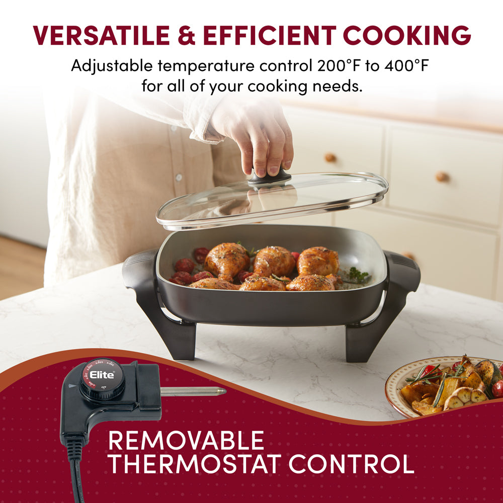 Versatile & efficient cooking.  Adjustable temperature control 200F to 400F for all of your cooking needs.  Remove able thermostat control.