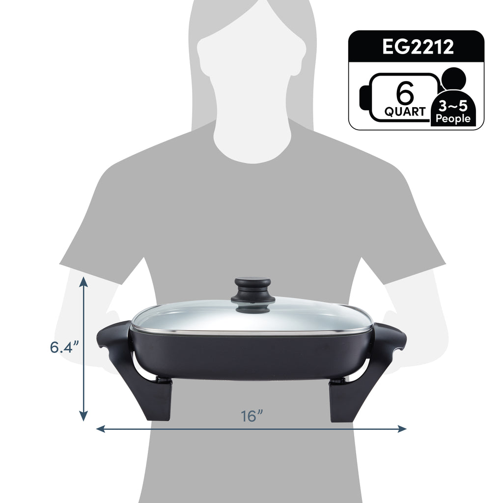 Elite Gourmet EG3033 12x12x2.35” Healthy Ceramic with Titanium Coated  Scratch Resistant Electric Skillet, Dishwasher Safe, Rapid Heat Up, 1200W