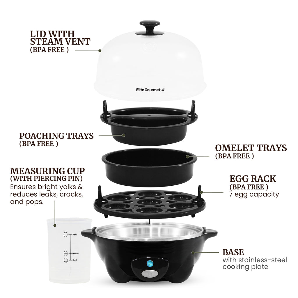 7-Egg Automatic Easy Egg Cooker, Steamer, Poacher (Black)