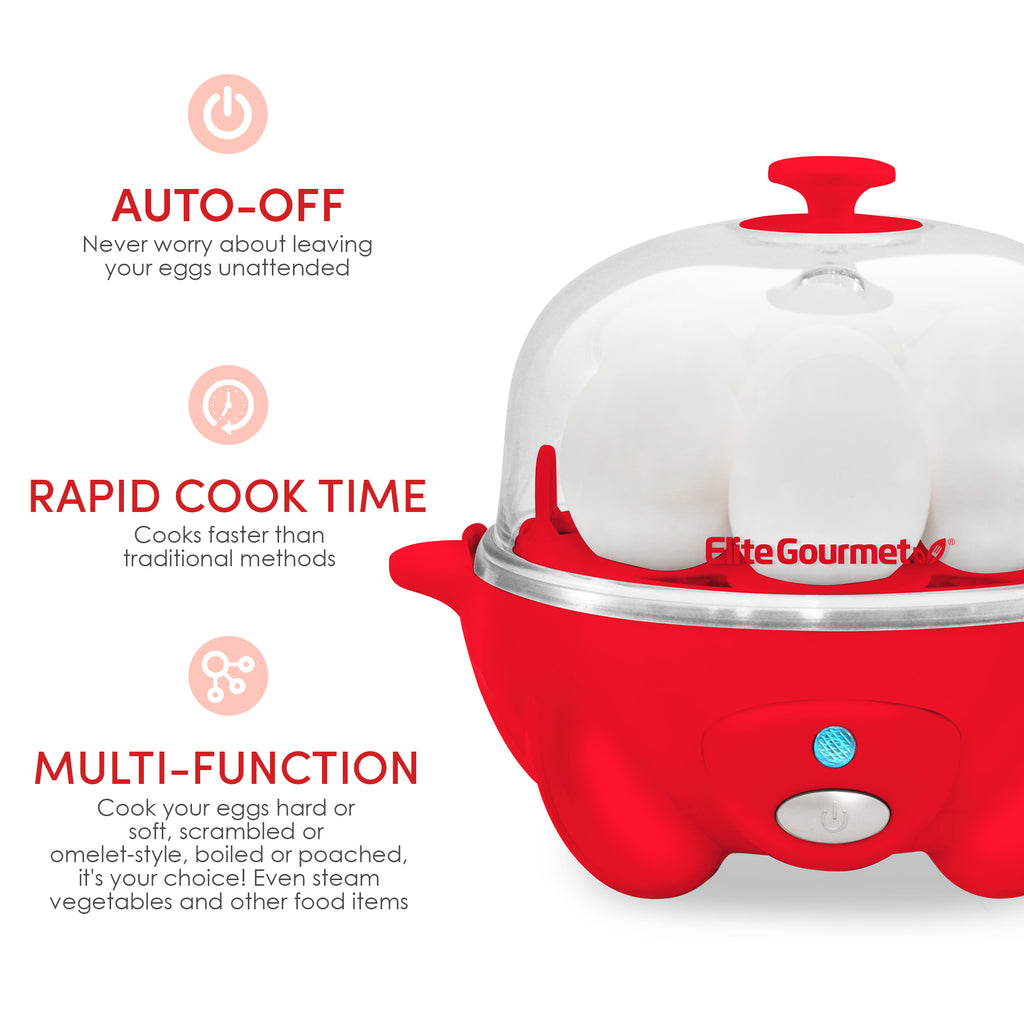 7-Egg Automatic Easy Egg Cooker, Steamer, Poacher (Red)