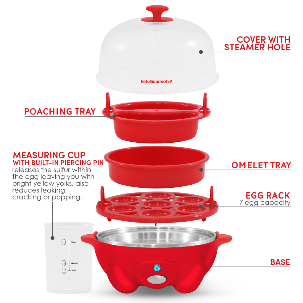 7-Egg Automatic Easy Egg Cooker, Steamer, Poacher (Red)