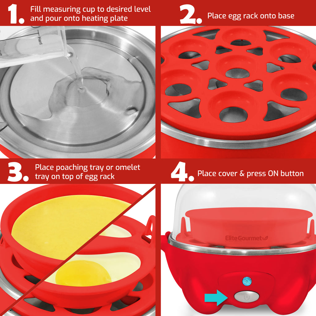 7-Egg Automatic Easy Egg Cooker, Steamer, Poacher (Red)