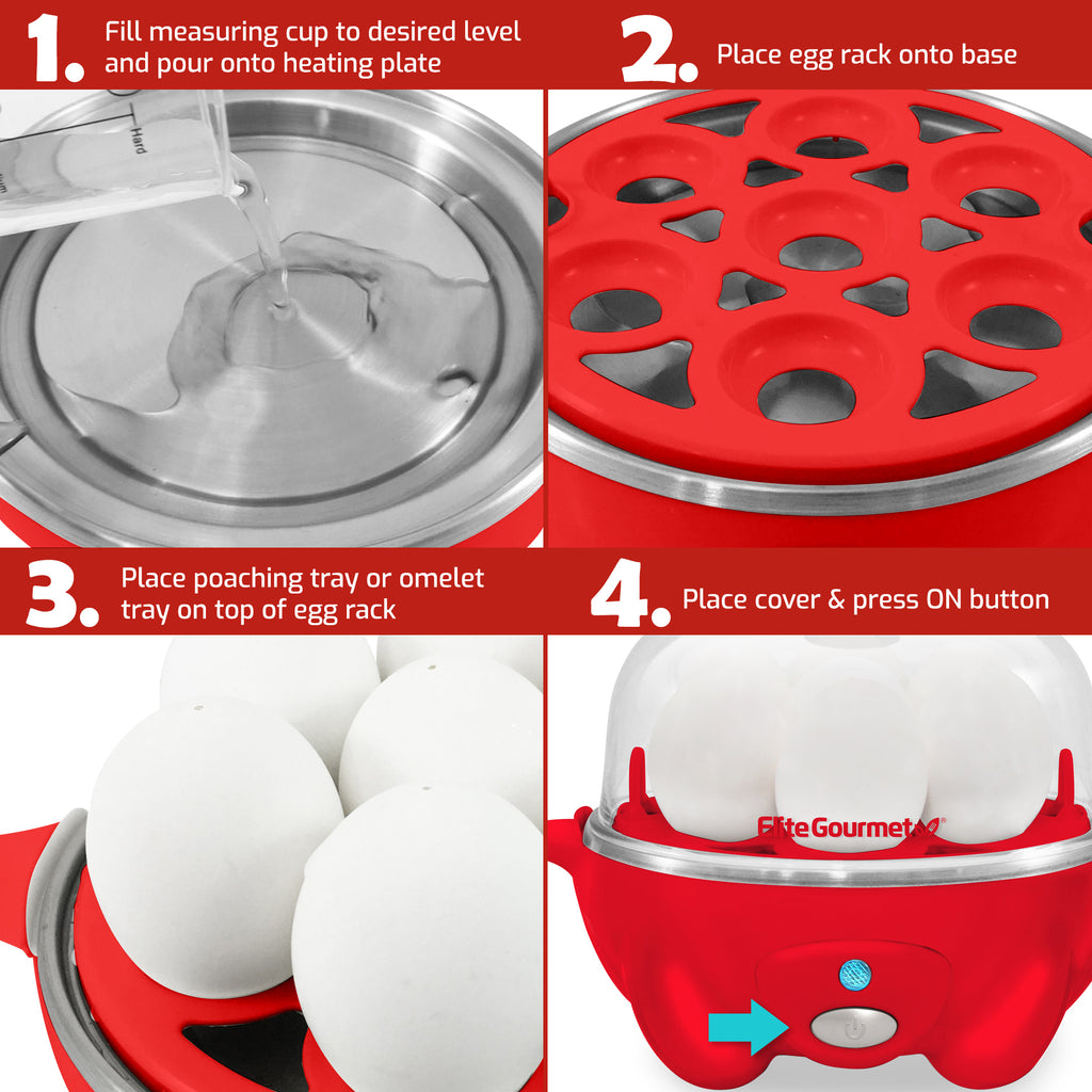 7-Egg Automatic Easy Egg Cooker, Steamer, Poacher (Red)