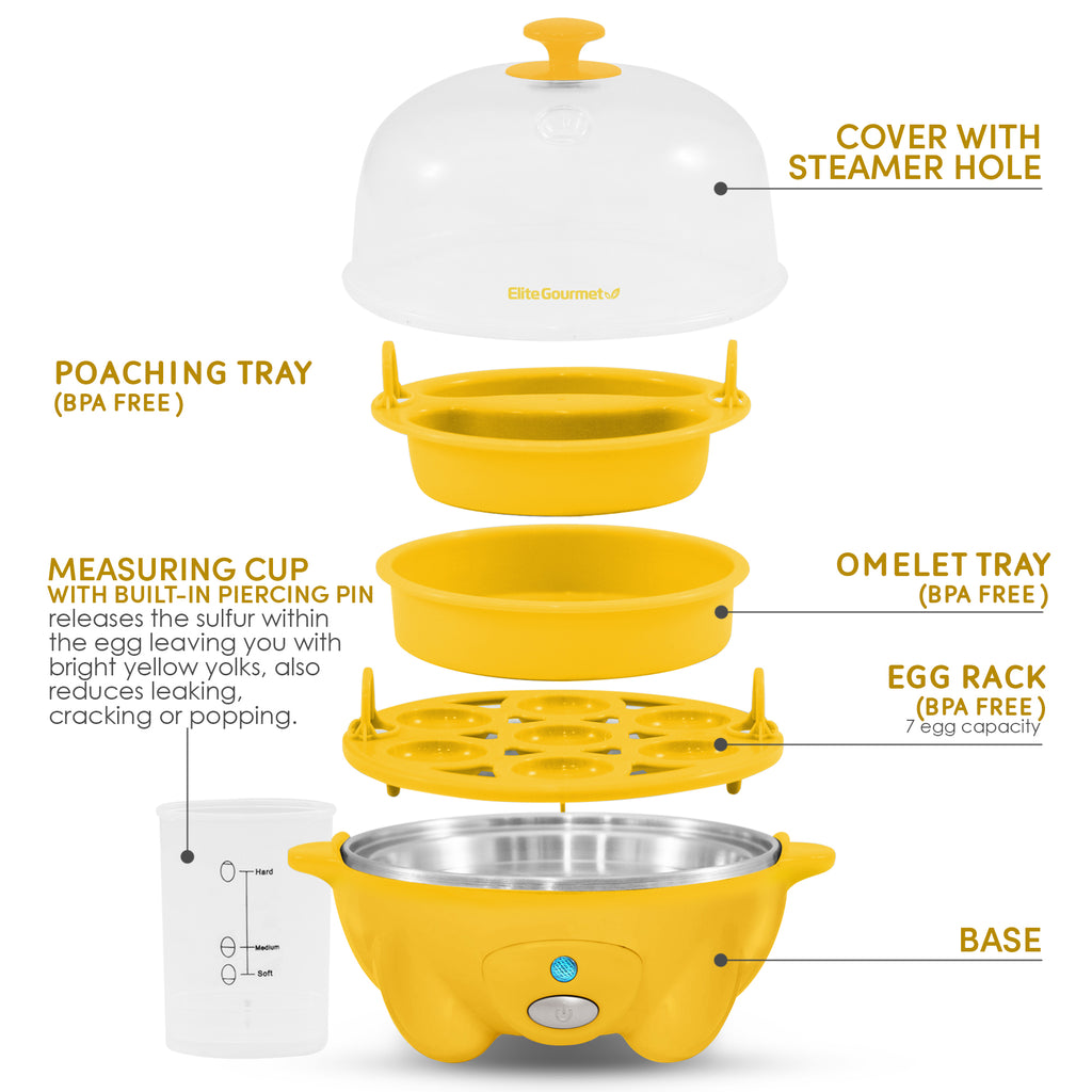 7-Egg Automatic Easy Egg Cooker, Steamer, Poacher (Yellow)