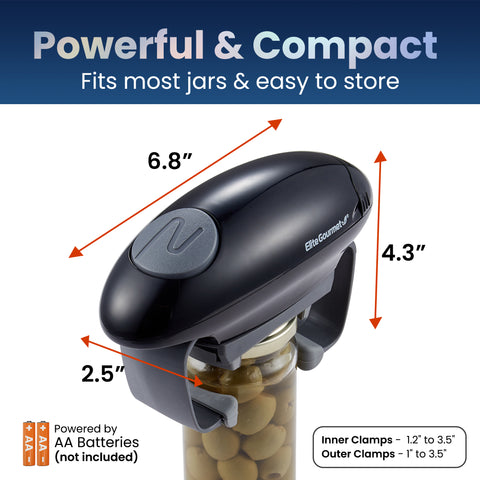 Powerful & Compact.  Fits most jars & easy to store.  Powered by AA Batteries (not included).  6.8" x 2.5" x 4.3"  (Inner Clamps - 1.2" to 3.5") (Outer Clamps 1" to 3.5")
