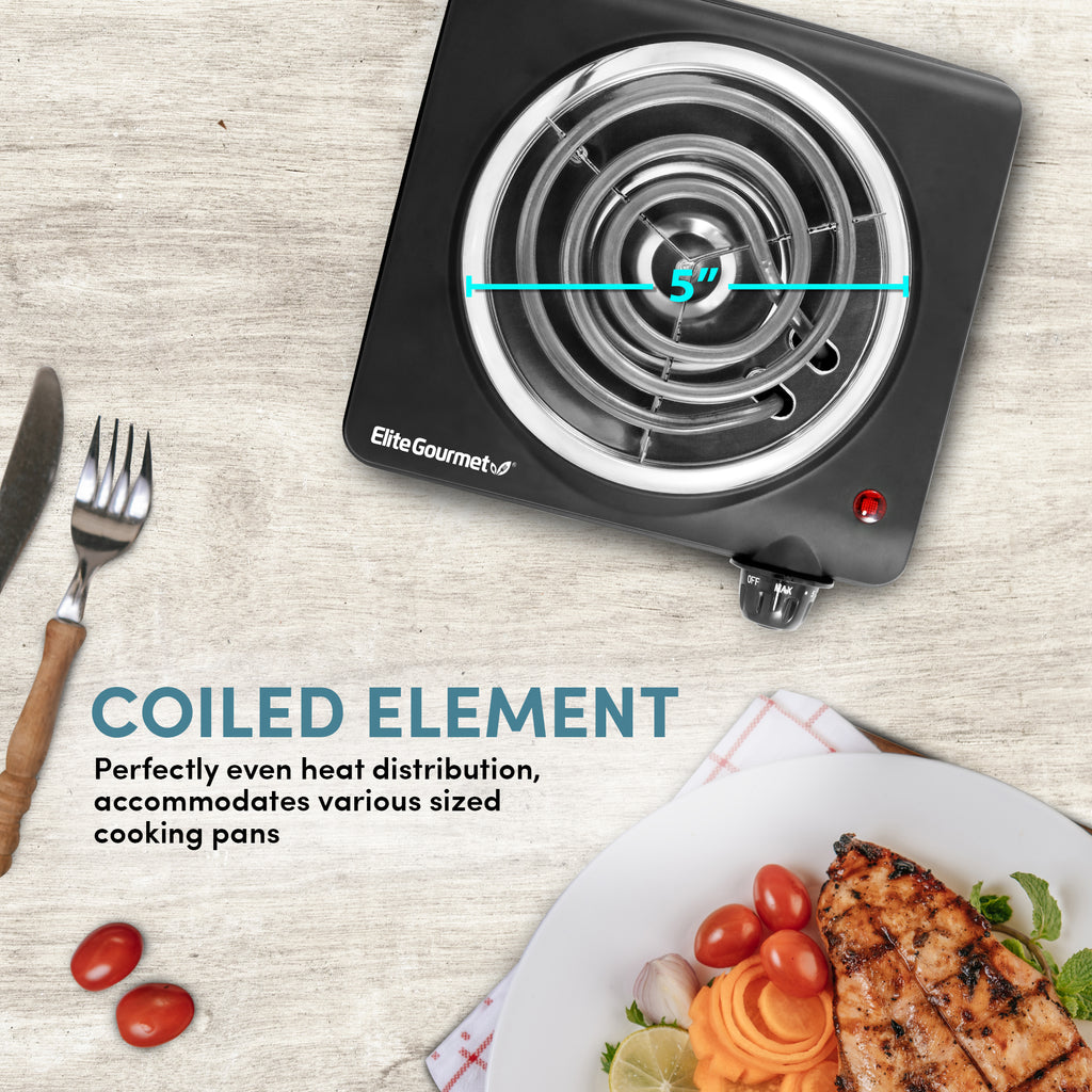 Coiled Element.  Perfect even heat distribution accommodates various sized cooking pans.